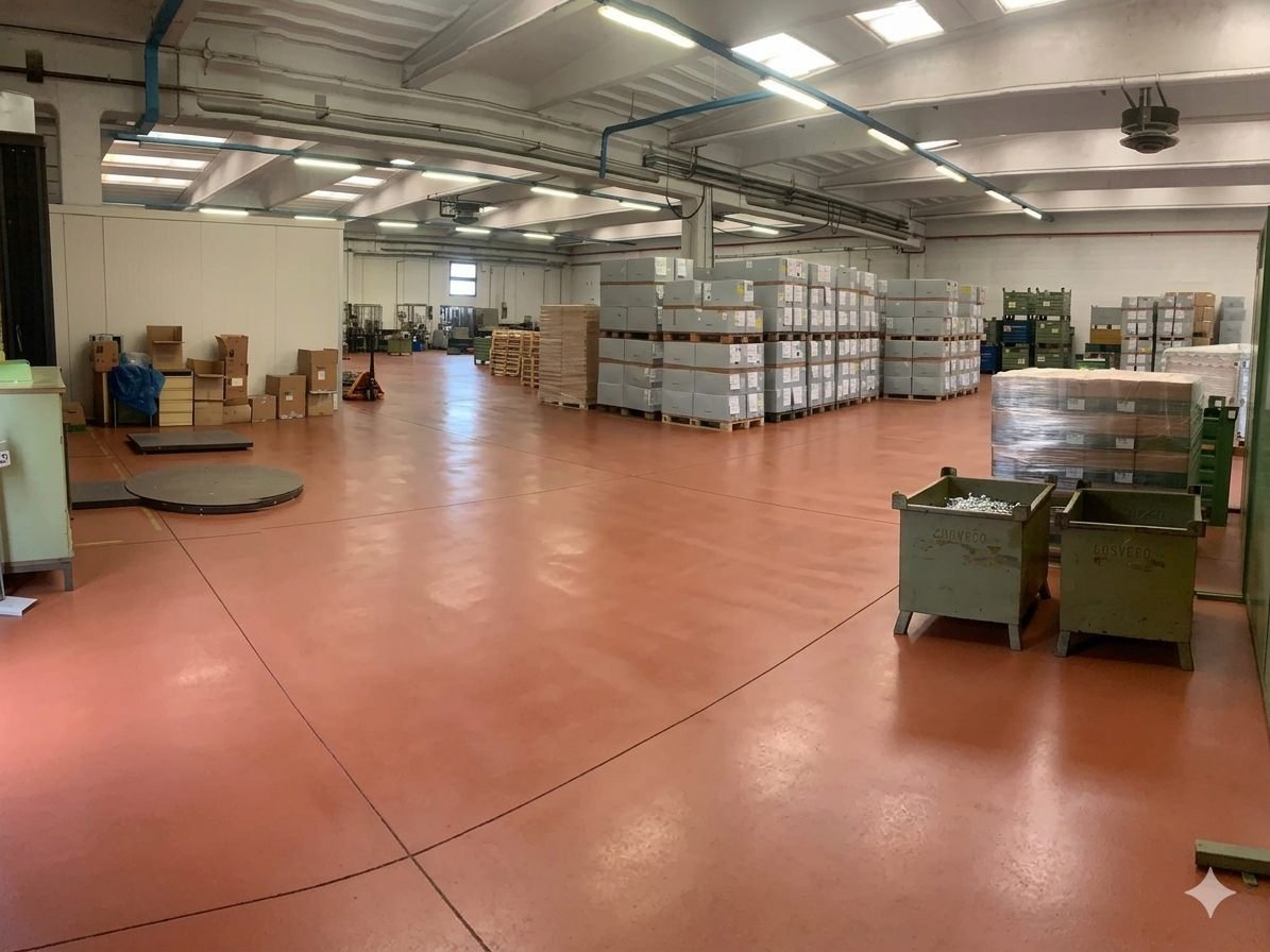 Interno del capannone con bancali e merce stoccata